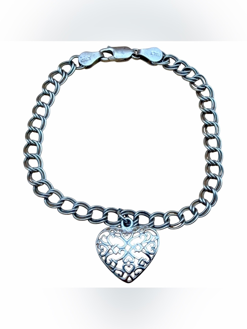 Sterling Silver Filigree Heart Charm Bracelet Starter 7” Double Link Coquette